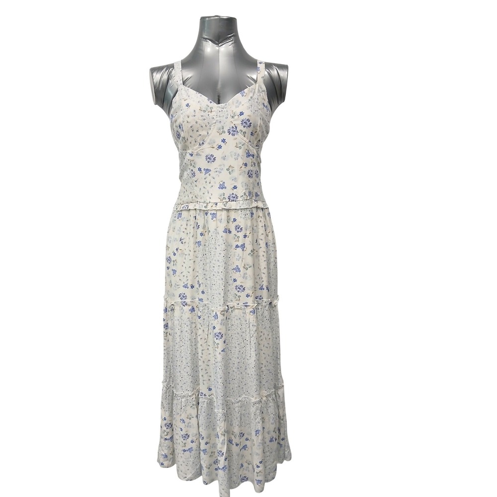 Kirious Los Angeles Womens XL Floral Maxi Dress Blue White Tiered Smocked Corset
